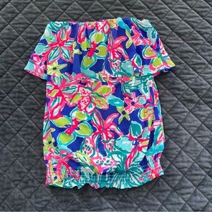 Lilly Pulitzer XS Floral Ruffled Strapless Top Blouse Blue Pink Green 2